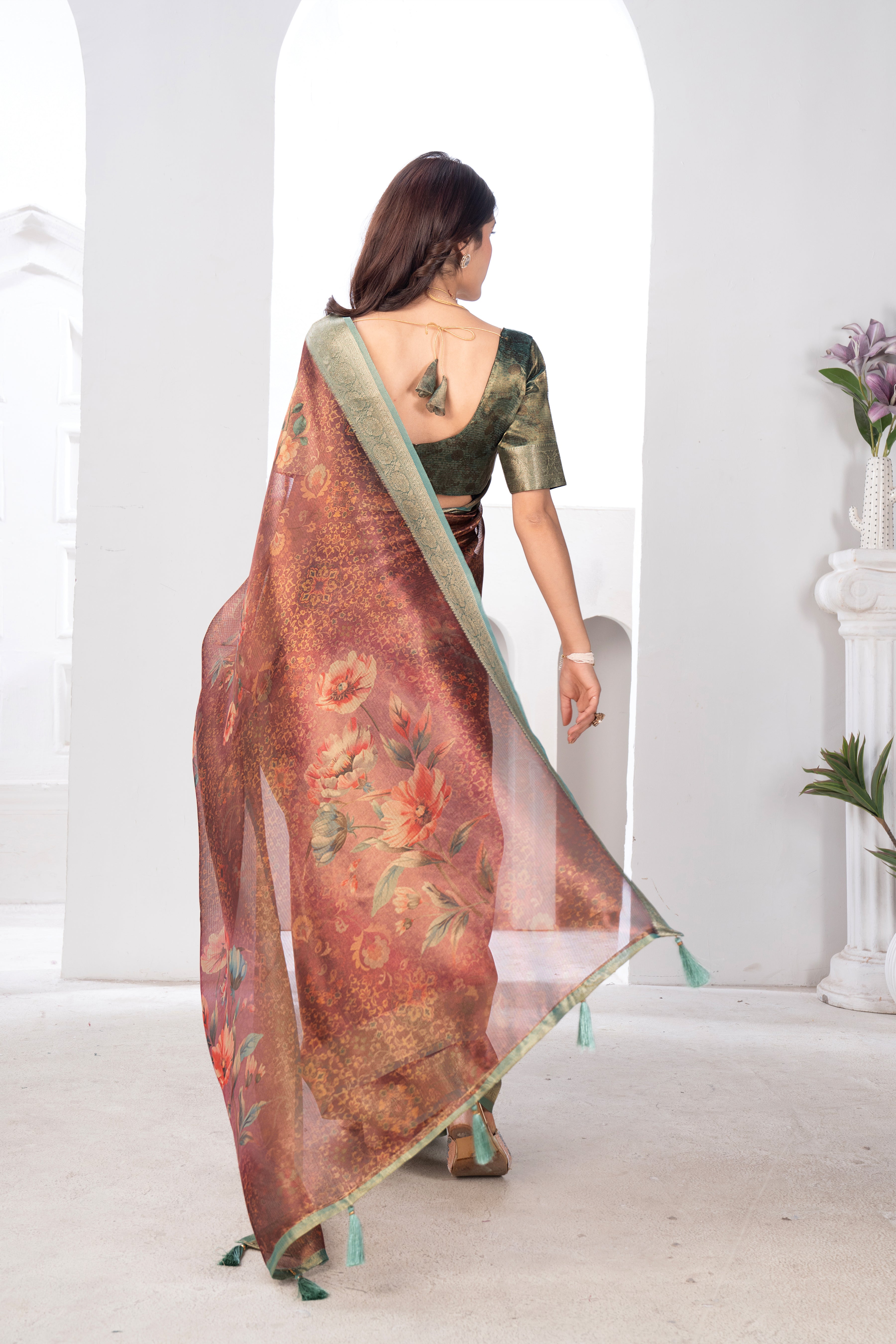 Rust Orange Shine Silk Floral Saree
